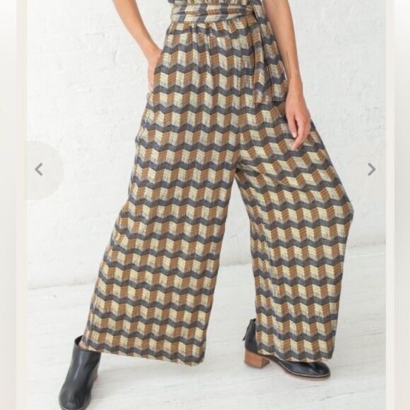 Ace & Jig Jumpsuit Metallic Jacquard Wide Leg Gold Belted Sleeveless Size L - Picture 10 of 14